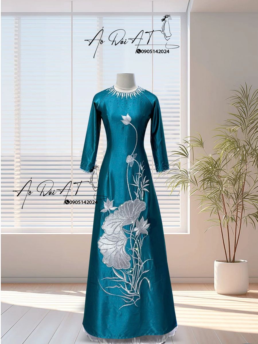 Aó dài bà sui cổ tròn màu xanh noa 